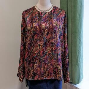 Vintage 80s Geometric Sheer Blouse L Christie & Jill Whimsigoth Floral Top